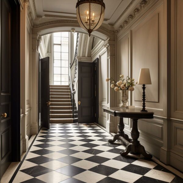 Calactta-&-Nero-Marble-Black-White-Checkered-Tiles-Marble-Checkerboard-Tiles-Hallway