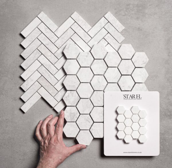 Dolomite White Hexagons & Herringbone Mosaic Tiles