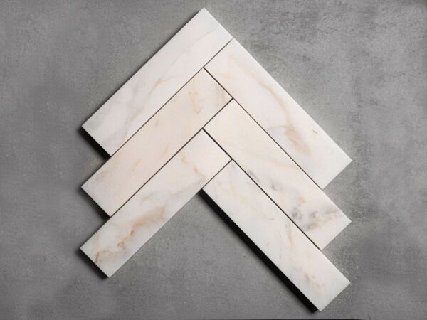 Calacatta Amber White Marble Tiles Herringbone