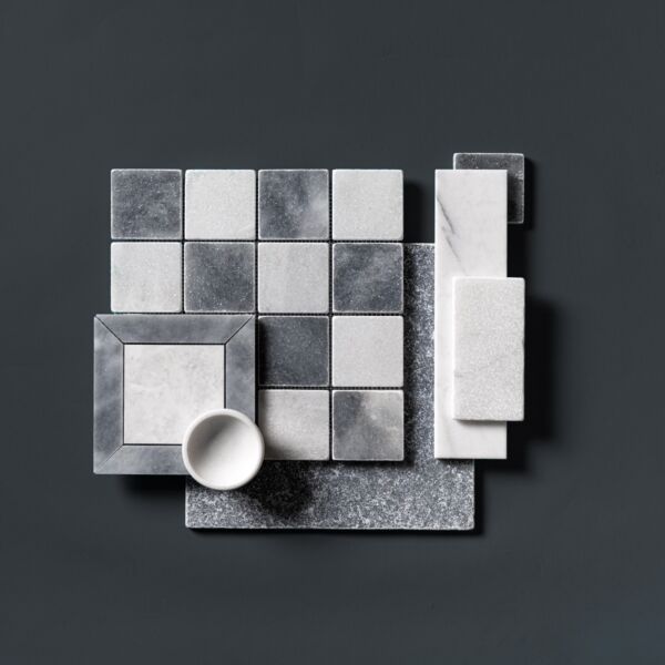 White Marble Bluestone Tumbled Marble Tiles Checkerboard Mosaic