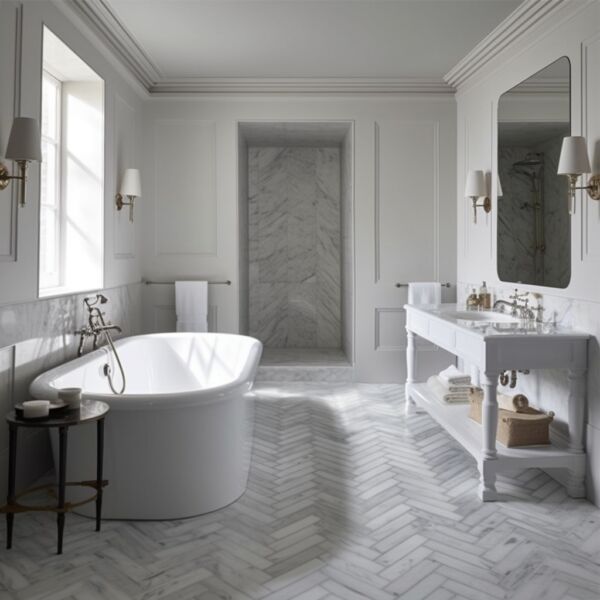 Aspen White Grey Cararra Marble Bathroom Classic Marble Bathroom Design Herringbone Floor Tiles