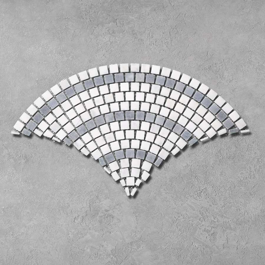 Calacatta-&-Bluestone-Fan-Mosaic-Tiles
